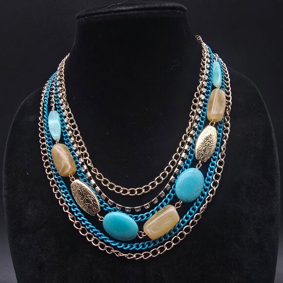 Skyline Collection Step Into Style Blue Gold Tone Layered Necklace In Box - Picture 1 of 8
